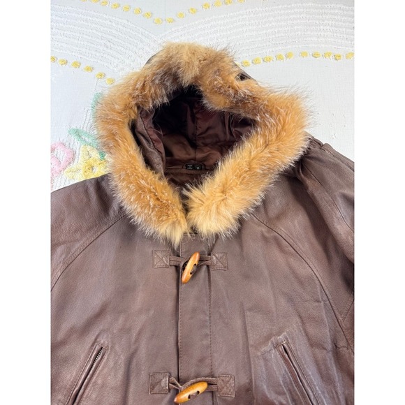 Greg Bell Men's Brown Leather Fur Hooded Duffle Coat Parka Size M - Picture 4 of 10